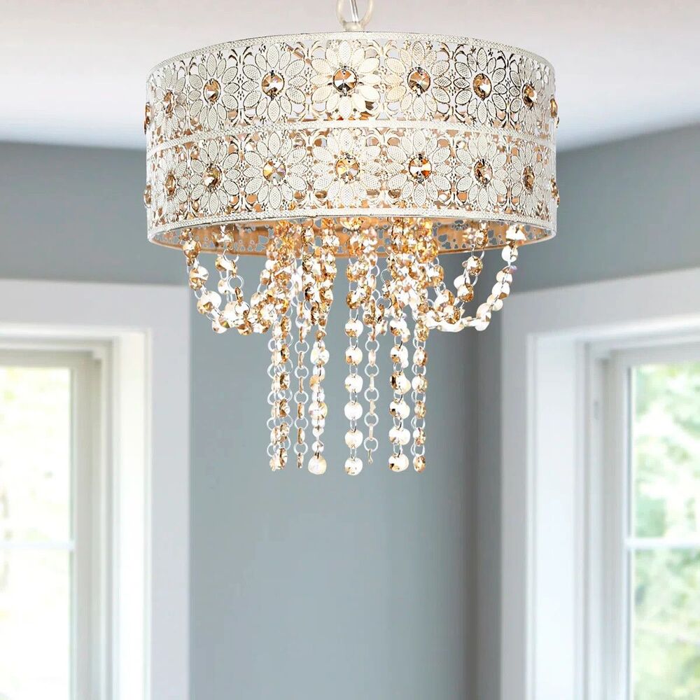 Wedgeworth Champaign Jewels W/ White Punched Metal Drum Pendant Lamp 12.75" Wide